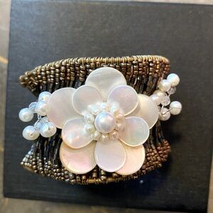 Boho Style Cuff Bracelet Copper with Shell and Pearl Flowers